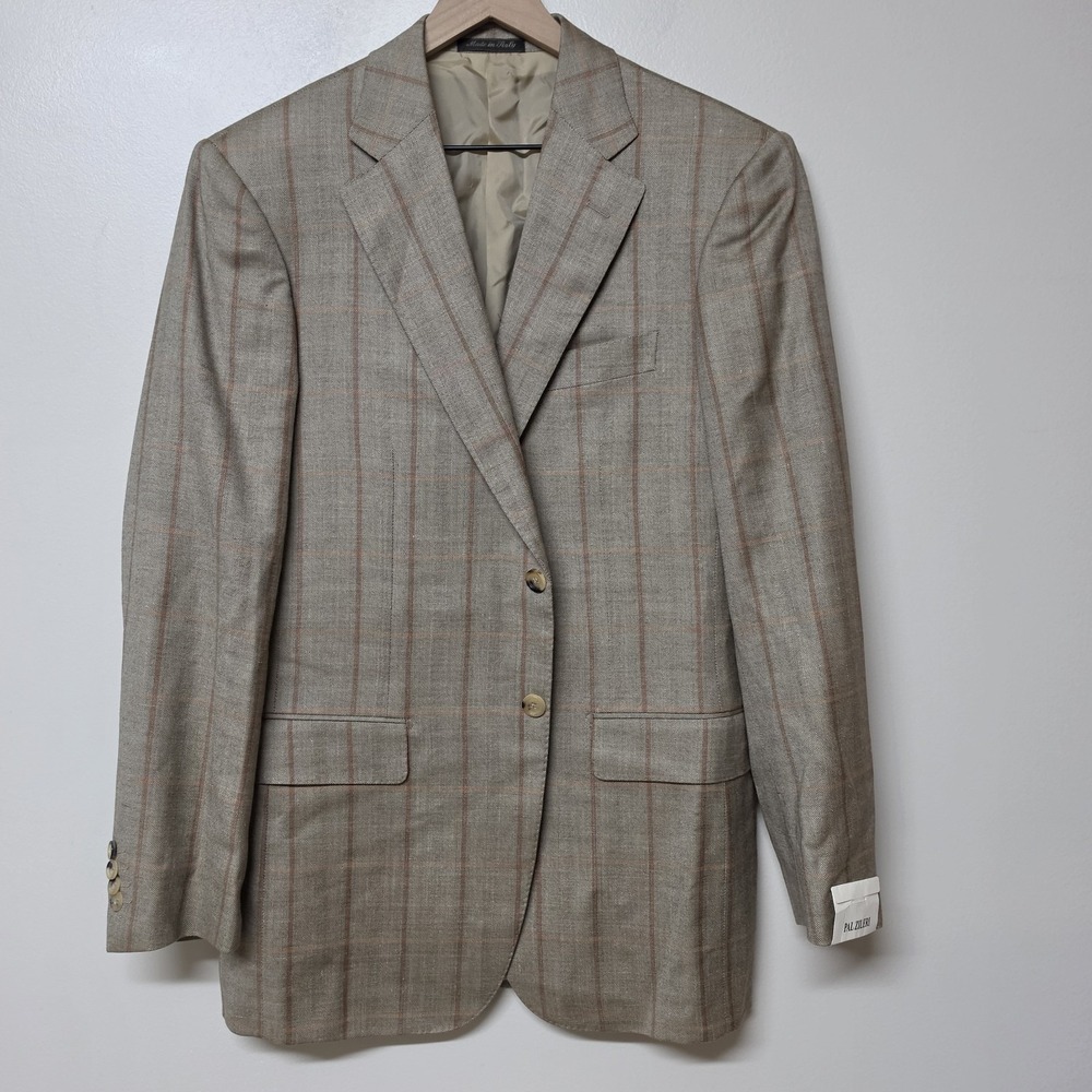 NWT Pal Zileri Blazer IT 50R US 40R Beige Windowpane Wool Linen Silk Italy
